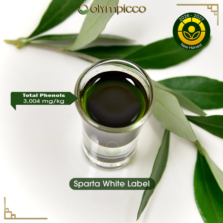 Sparta Medicinal Organic High-Phenolic Olive Oil White Label Limited Edition 250mlA small clear glass vial filled with dark olive-green liquid 